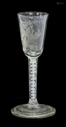 A Wine Glass, circa 1750, the rounded funnel bowl engraved w...