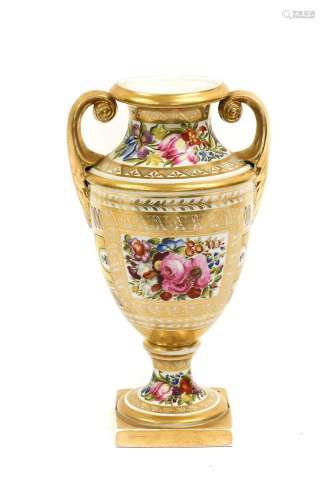A Coalport Vase, circa 1810, of twin-handled urn form, paint...