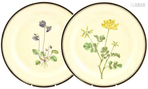 A Pair of Wedgwood Creamware Named Botanical Dessert Plates,...