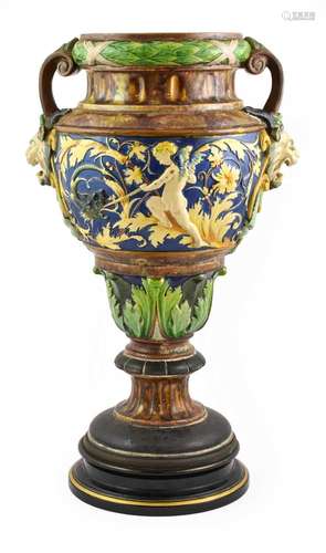 A Continental Majolica Vase, late 19th century, of urn form,...