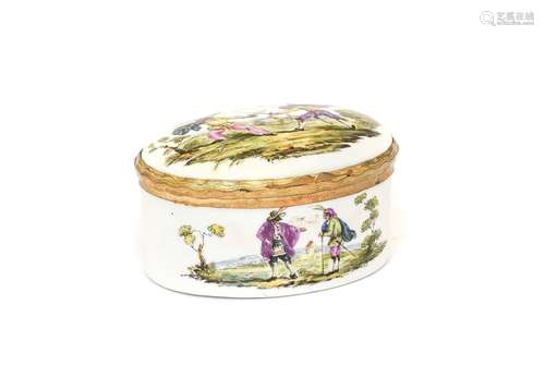 A Gilt Metal Mounted German Porcelain Snuff Box and Cover, 1...