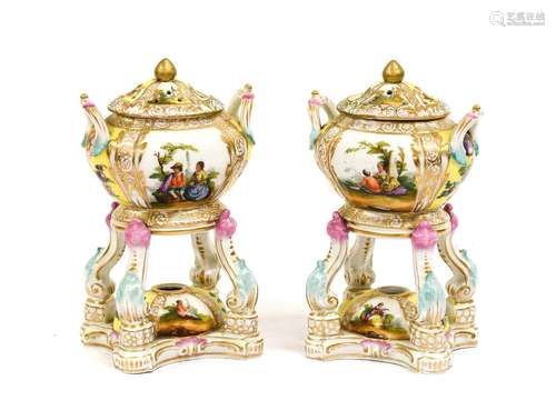 A Pair of Meissen Style Porcelain Double Gourd Vases and Cov...