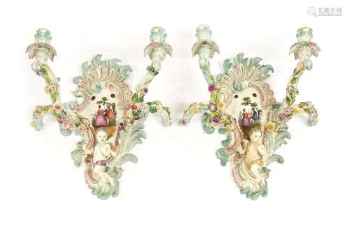 A Pair of Meissen-Style Porcelain Twin-Light Wall Sconces, c...