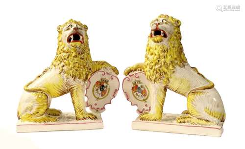 A Pair of French Faience Heraldic Lions, probably Rouan, lat...