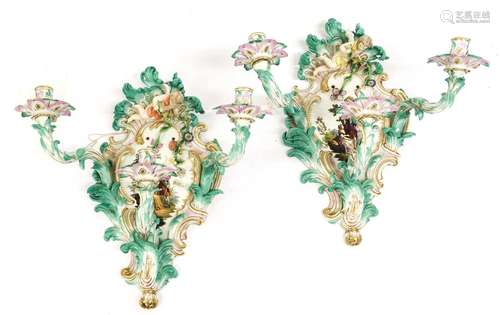 A Pair of Meissen-Style Porcelain Three-Light Wall Sconces, ...