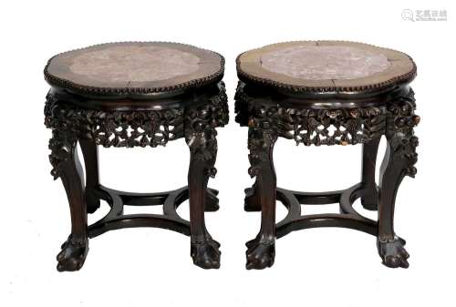 A Pair of Chinese Padouk Wood and Pink Marble Plant Stands, ...