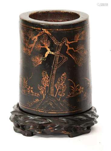 A Chinese Lacquer Brush Pot, 19th century, gilt with animals...