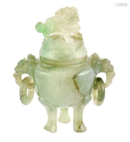 A Chinese Jade Censer and Cover, of ovoid form with mythical...