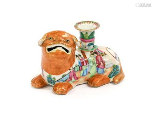 A Cantonese Porcelain Lion Dog Candlestick, late 19th centur...