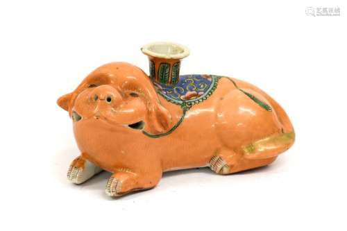 A Cantonese Porcelain Lion Dog Candlestick, 19th century, mo...