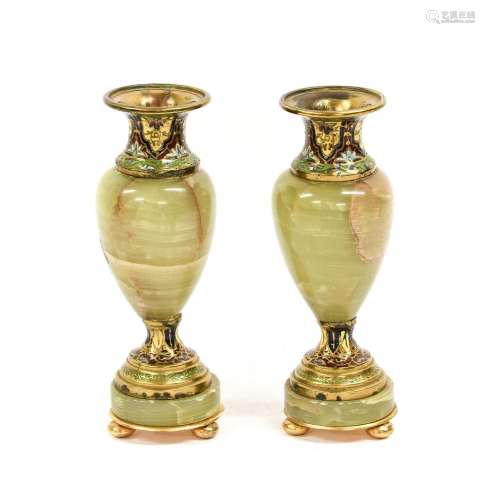 A Pair of French Champleve Enamel-Mounted Onyx Urns, circa 1...