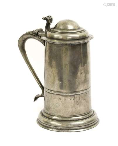 A Pewter Tankard, 18th century, with domed cover, bifurcated...