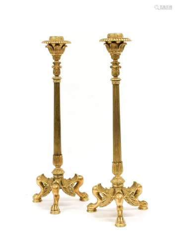 A Pair of French Gilt Metal Candlesticks, in Louis XVI style...