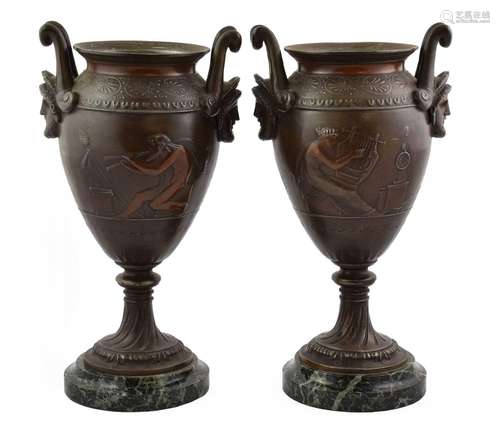 A Pair of Bronze Urns, 19th century, of ovoid form with twin...