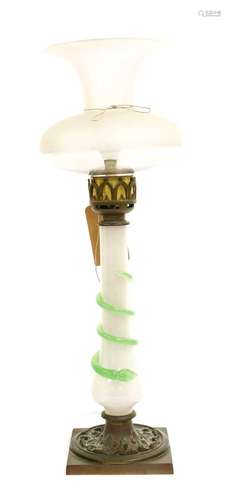 A Metal-Mounted Opaque White Glass Lamp Base, circa 1880, wi...