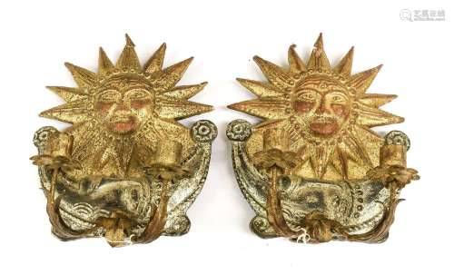 A Pair of Gilt and Silvered-Wood Twin-Light Wall Sconces, is...