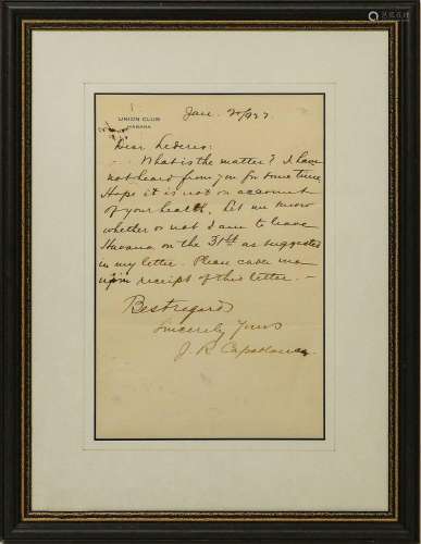 Jose Raul Capablanca Handwritten Letter to Dr N L Lederer re...