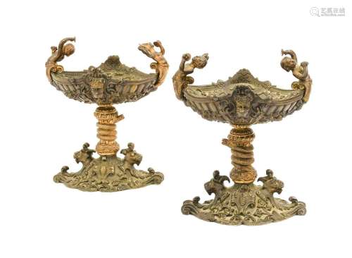 A Pair of Gilt and Patinated Bronze Tazzas, by Henri Picard,...