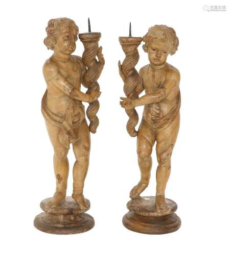 A Pair of Carved Wood Figural Pricket Candlesticks, possibly...