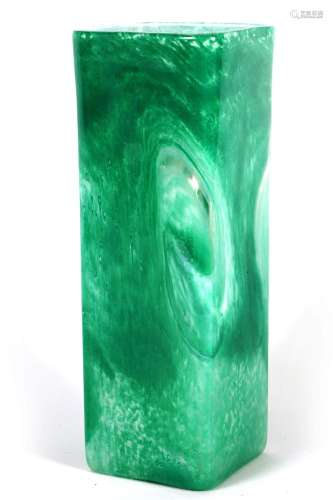 A SIGNED 20TH CENTURY GREEN MARBLED GLASS VASE