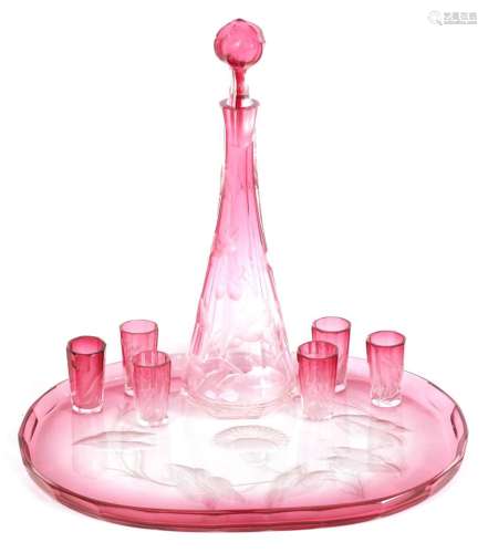AN ART NOUVEAU RUBY AND CLEAR GLASS MOSER DECANTER, TRAY AND...