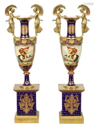 A LARGE PAIR OF LATE 19TH CENTURY VIENNA STYLE PEDESTAL VASE...