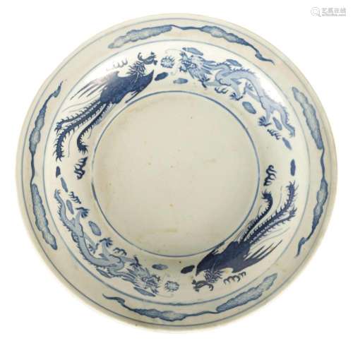 A LARGE CHINESE BLUE AND WHITE FIVE CLAW DRAGON BOWL