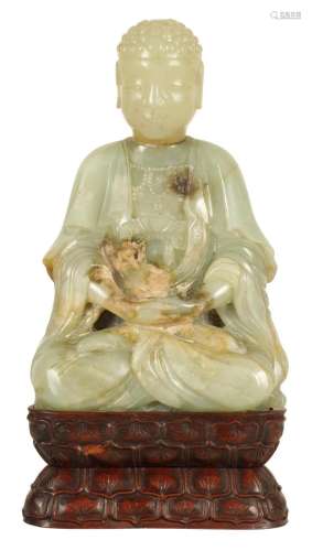 A 17TH/18TH CENTURY CHINESE JADE FIGURE OF BUDDHA ON LATER B...