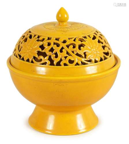 A 19TH CENTURY CHINESE IMPERIAL YELLOW GLAZED INCENSE BURNER...