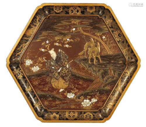 A LARGE JAPANESE MEIJI PERIOD LACQUERWORK AND SHIBAYAMA HEXA...