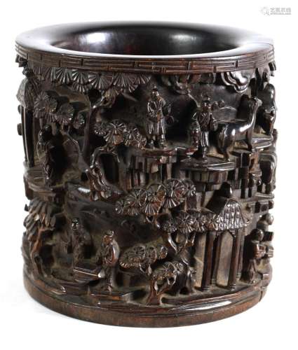 A FINE 19TH CENTURY CHINESE HARDWOOD BRUSH POT OF LARGE SIZE