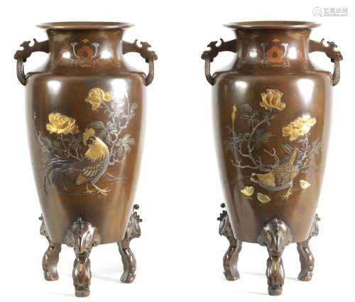 A LARGE PAIR OF JAPANESE MEIJI PERIOD BRONZE AND MIXED METAL...