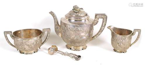 A FINE 19TH CENTURY CHINESE THREE PIECE CAST SILVER TEA SERV...