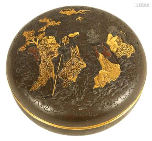 A JAPANESE MEIJI BRONZE AND MIXED METAL SHALLOW LIDDED BOWL