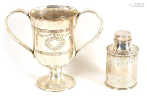 A 19TH CENTURY OLD SHEFFIELD PLATE TWO HANDLED LOVING CUP