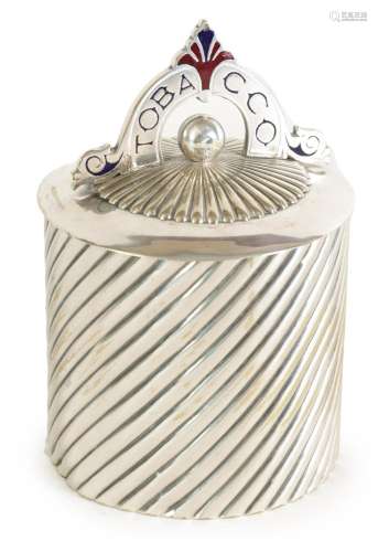A LATE 19TH CENTURY SILVERED METAL TOBACCO CANISTER