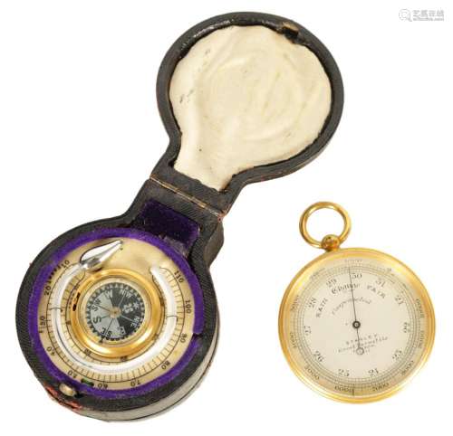 A LATE 19TH CENTURY POCKET BAROMETER, THERMOMETER COMPASS CO...