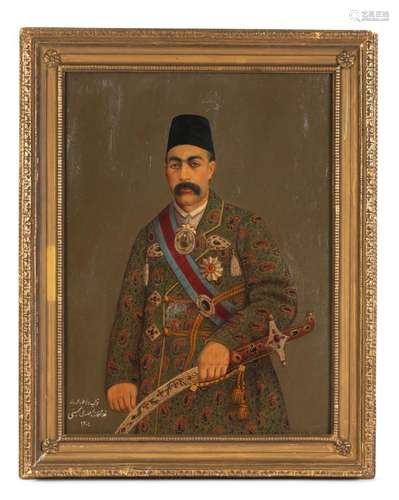 A 19TH CENTURY QAJAR OIL ON CANVAS PORTRAIT OF A GENTLEMAN