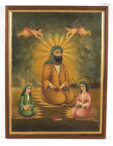 A LATE 19TH CENTURY QAJAR OIL ON CANVAS PORTRAIT OF IMAM ALI...