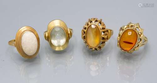 4 Goldringe / Four 14 ct gold rings with amber, opal, aquama...