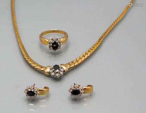 Schmuckset / A 14 ct gold jewellery set with sapphires and d...