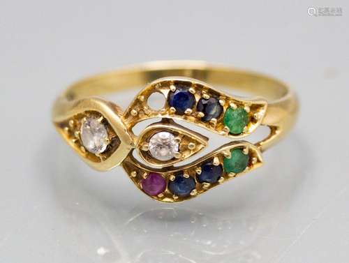 Damenring / A ladies 14 ct gold ring with diamonds, sapphire...