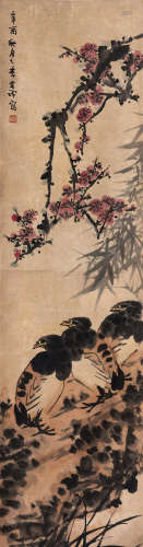李苦禅 红梅鹌鹑 辛酉（1981年）作 纸本水墨 立轴