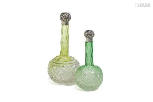 TWO COLOURED CUT GLASS BOTTLE WITH SILVER TOPS