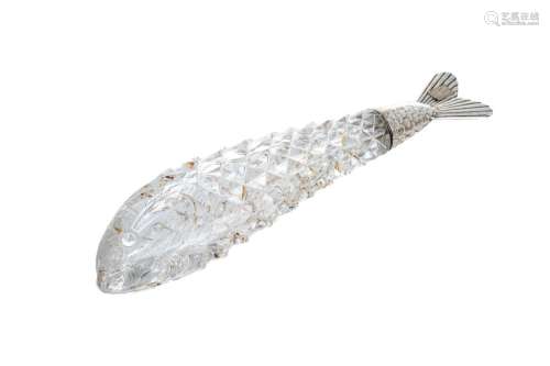 CUT GLASS & SILVER MOUNTED FISH SCENT BOTTLE