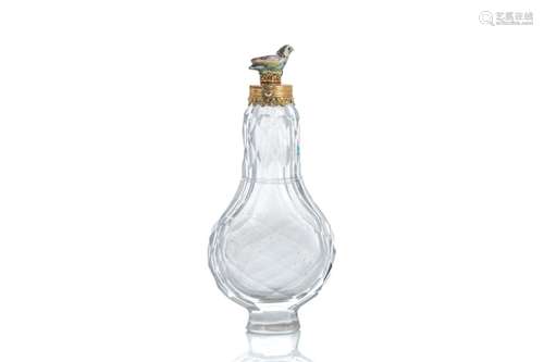 18th C CUT GLASS SCENT BOTTLE WITH BIRD STOPPER