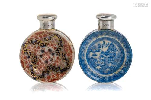 TWO SAMPSON MORDAN TOPPED PORCELAIN SCENT BOTTLES