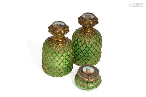 THREE OPALINE GREEN GLASS PERFUME BOTTLES