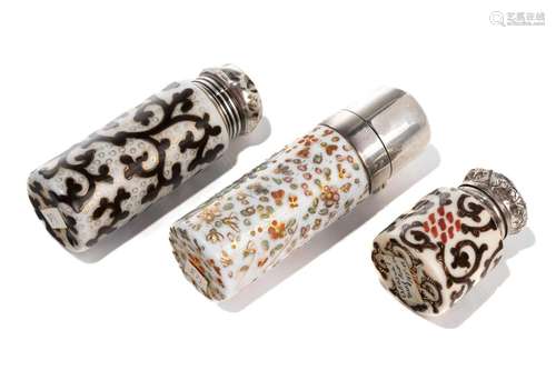 THREE SILVER TOPPED PORCELAIN SCENT BOTTLES