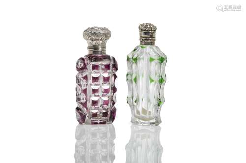 TWO CUT & COLOURED GLASS SCENT BOTTLES